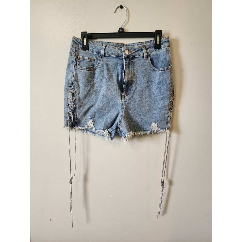 Shop Michella High Waisted Chain Side Lace Up Distressed Denim Shorts Light Blue